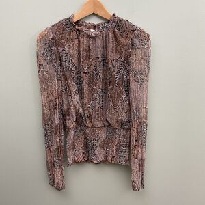 Joie Sheer Blouse Top Paisley Smocked Ruffle Womens Small Brown Boho Whimsigoth